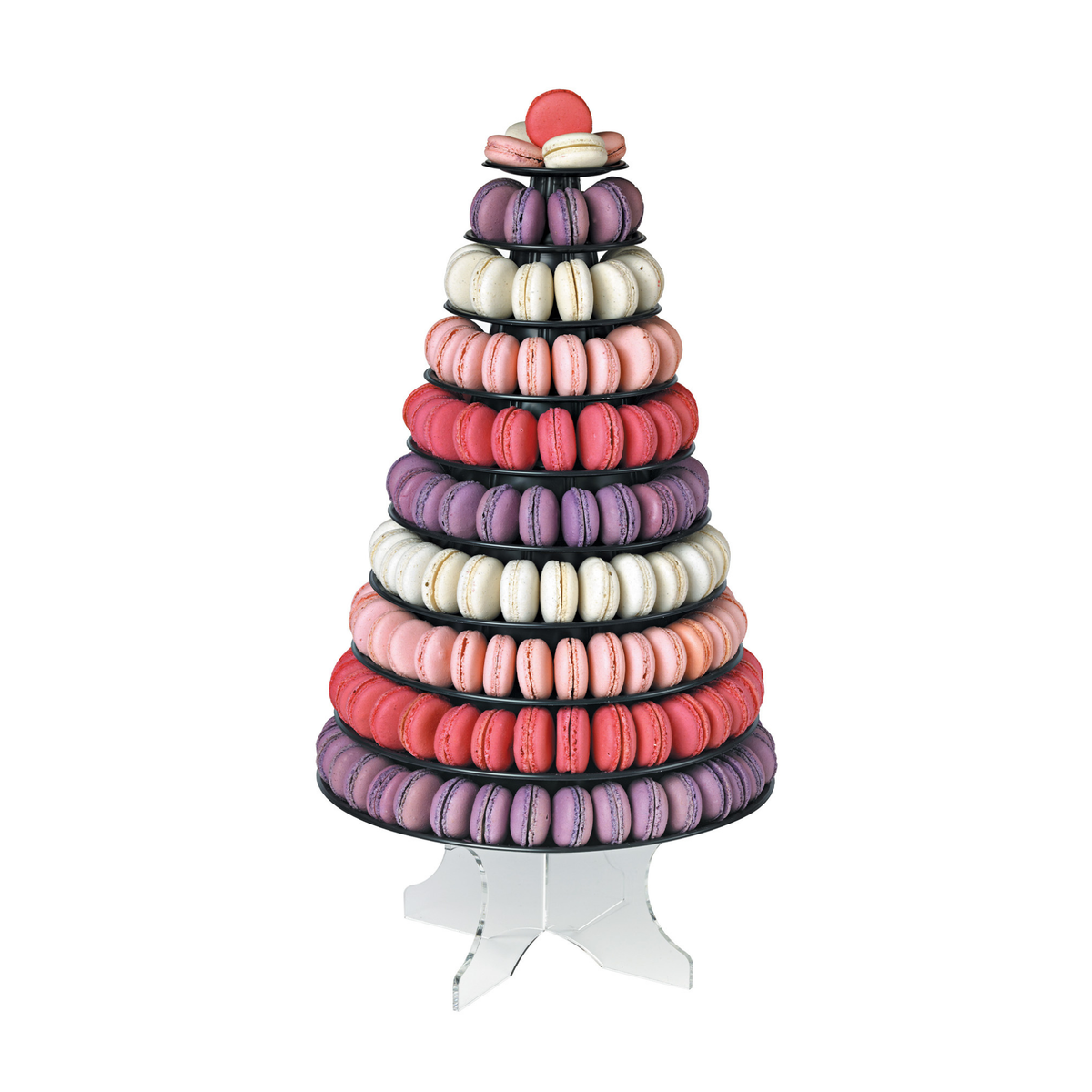 Présentoir pyramide à macarons noir à plusieurs étages, garni de macarons colorés