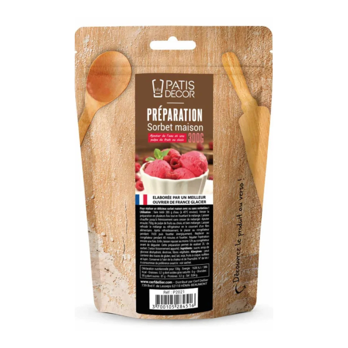 Sachet kraft de préparation pour sorbet maison avec visuel framboise