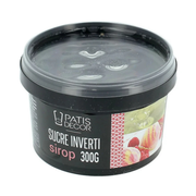 Pot noir avec couvercle transparent, étiquette noire et visuel de desserts aux fruits.
