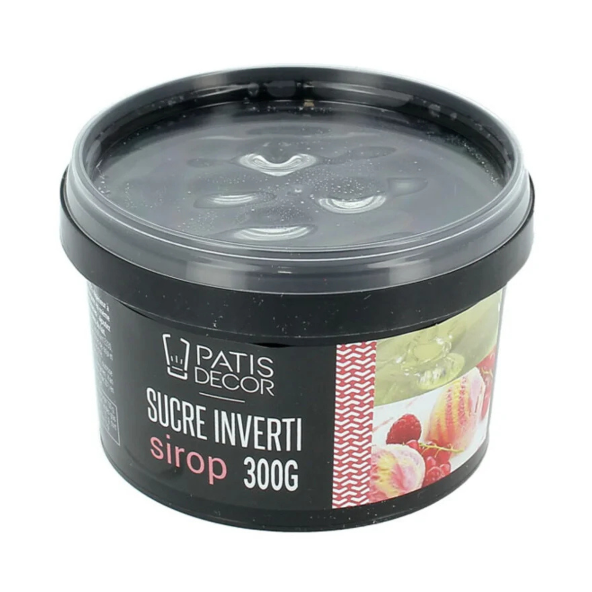Pot noir avec couvercle transparent, étiquette noire et visuel de desserts aux fruits.

