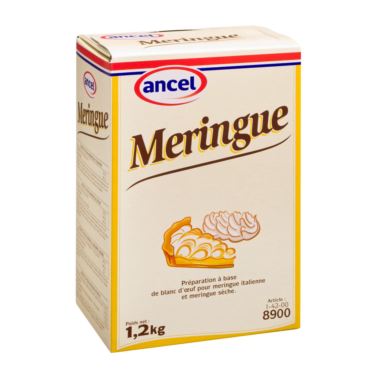 Boîte rectangulaire beige Ancel avec inscriptions marron et illustration de meringue
