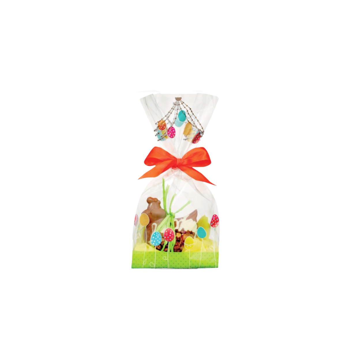 Sachet transparent décoré d’œufs de Pâques colorés pour emballer chocolats et confiseries
