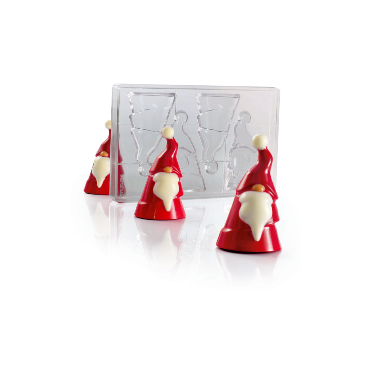 Moule chocolat Père Noël avec créations rouges et blanches en forme de petits Pères Noël
