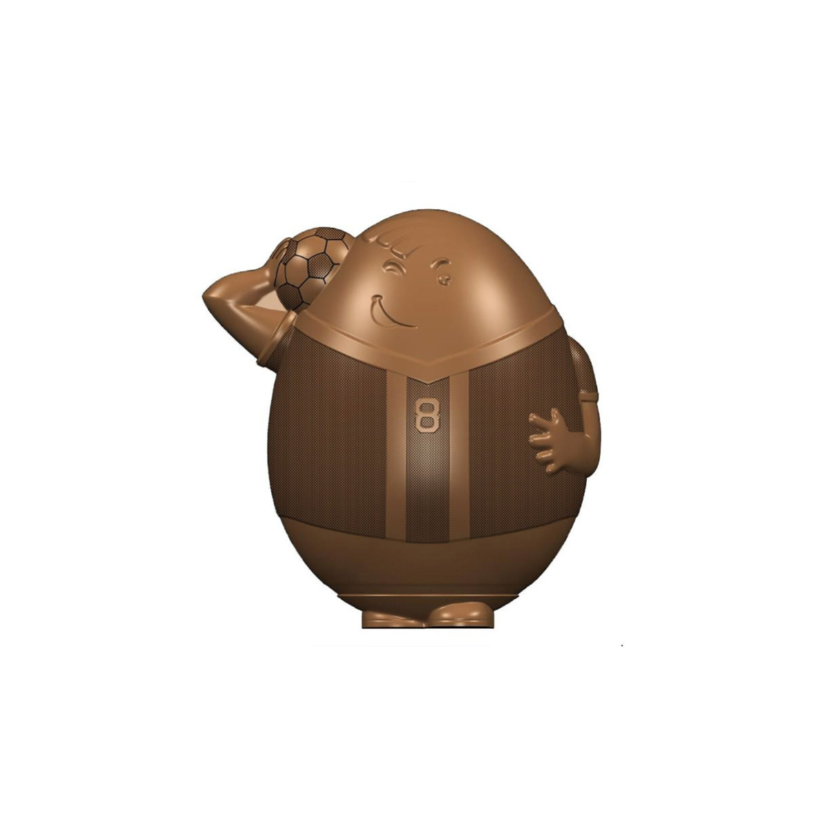 Personnage en chocolat en forme d’œuf tenant un ballon de football
