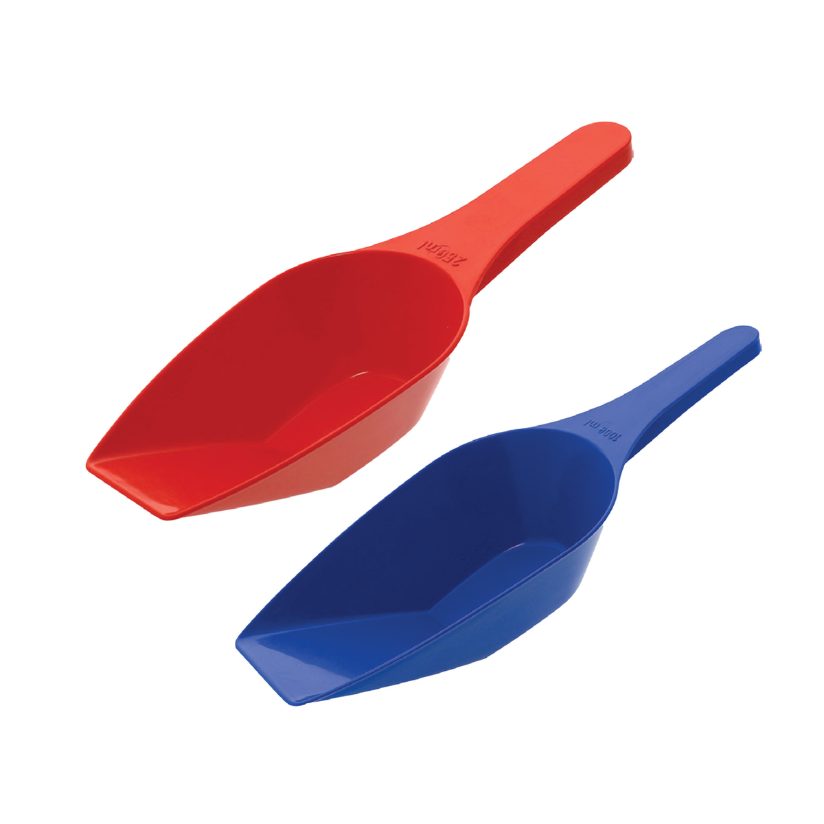 Pelles doseuses rouge et bleue avec poignée pour ingrédients secs
