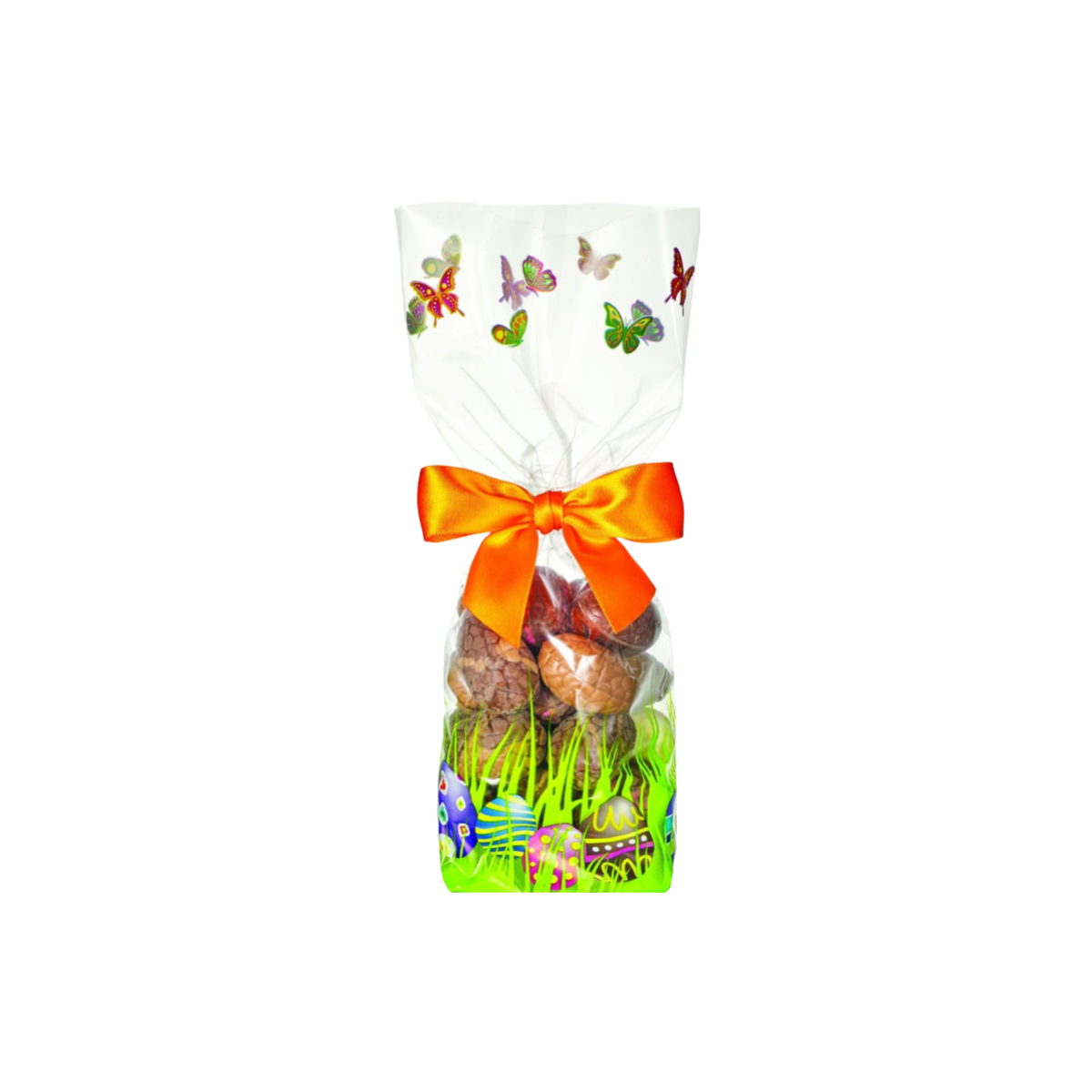 Sachet transparent de Pâques décoré de papillons et d’œufs colorés pour chocolats et confiseries
