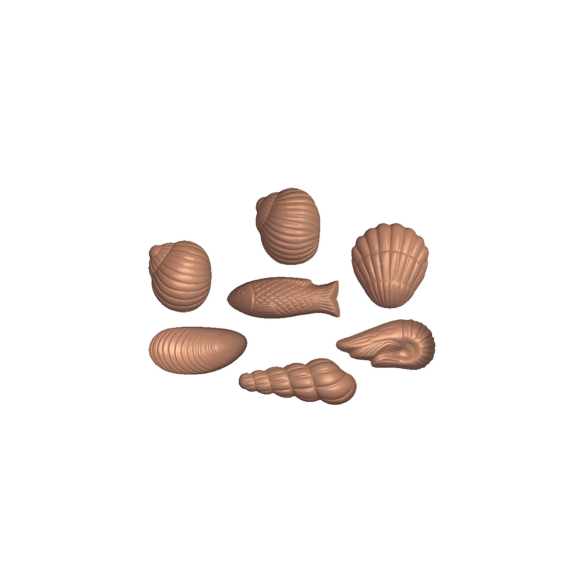 Assortiment de poissons et coquillages en chocolat
