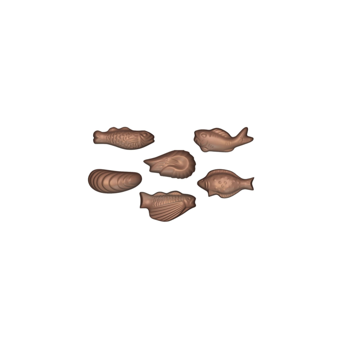 Assortiment de poissons et coquillages en chocolat
