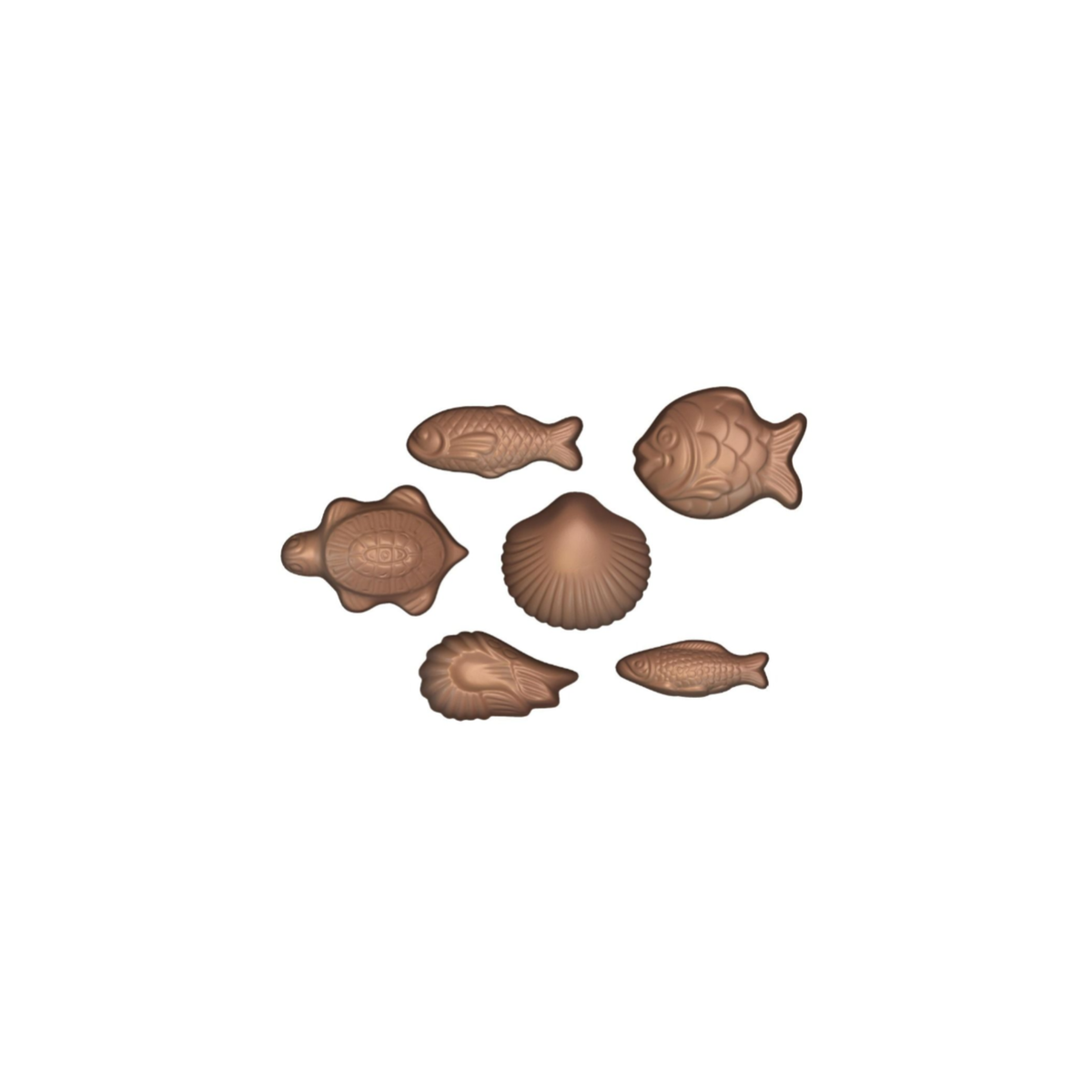 Assortiment de poissons, tortue et coquillages en chocolat
