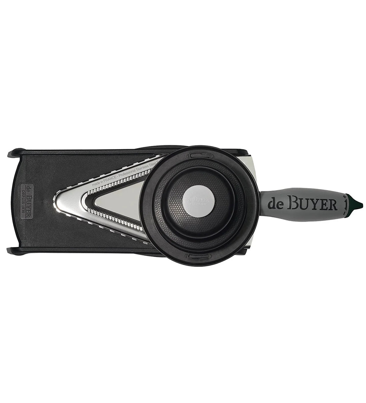 Mandoline Kobra de Buyer vue de dessous avec poussoir fixé