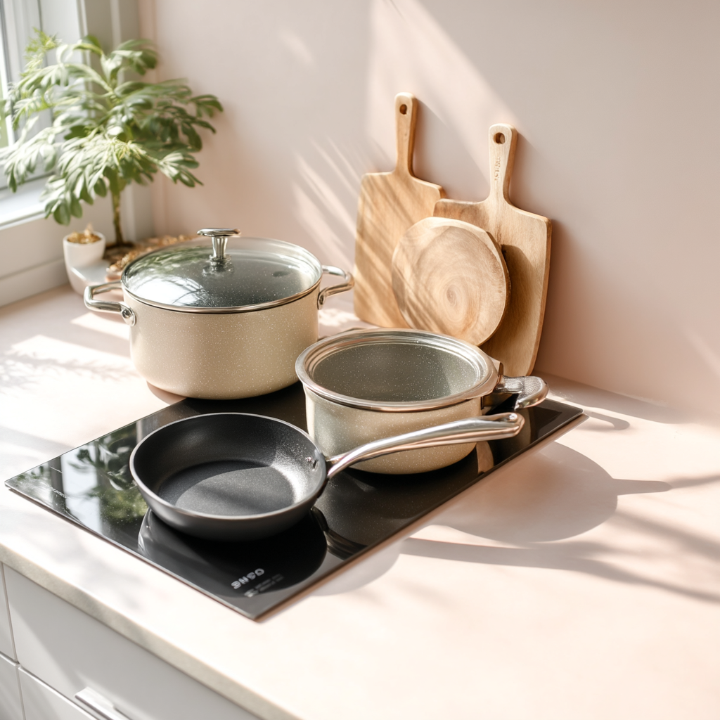 Batterie de cuisine avec casseroles et poêle sur plaque de cuisson à induction