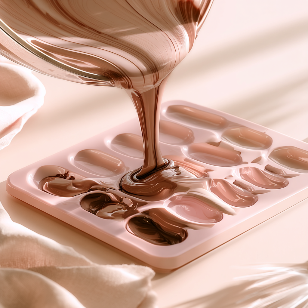 Moule à chocolats avec chocolat fondu pour confection de bonbons et bouchées chocolatées