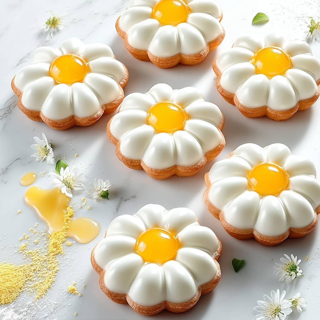 Entremets individuels en forme de marguerites blanches au cœur jaune