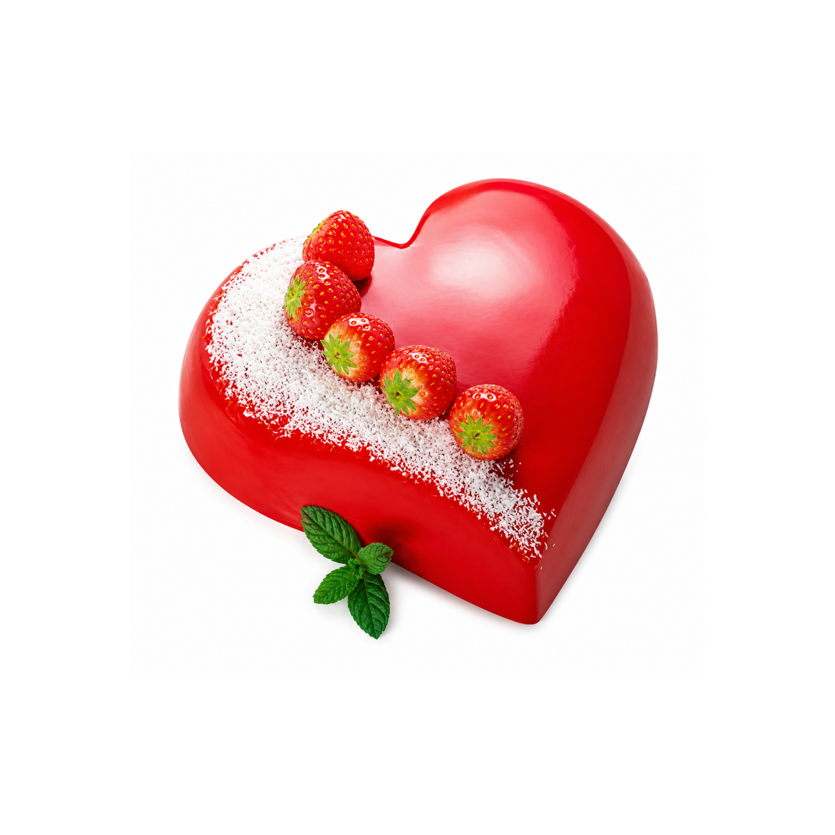 Entremets en forme de cœur rouge décoré de fraises