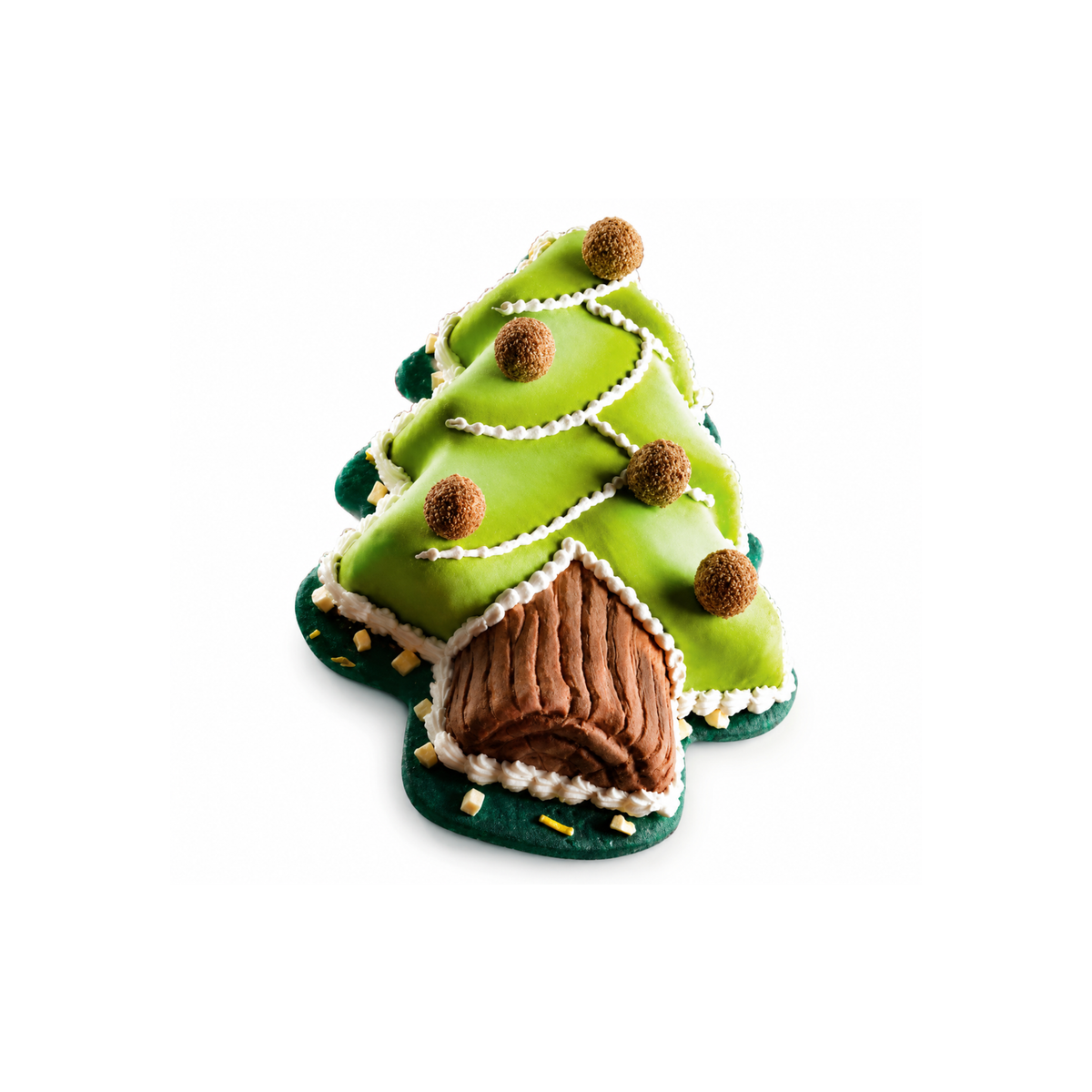Entremets de Noël en forme de sapin décoré, réalisé avec un moule en silicone