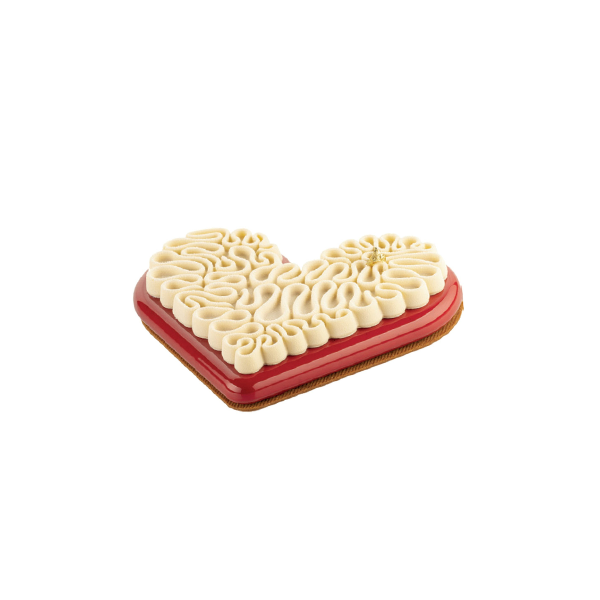 Entremets en forme de cœur rouge avec décoration crémeuse ondulée