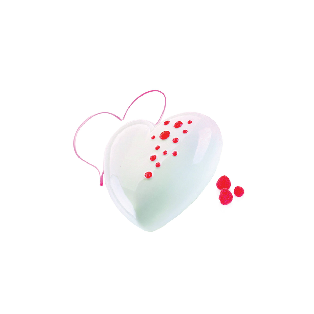 Entremets en forme de cœur blanc au glaçage miroir, décoré de framboises