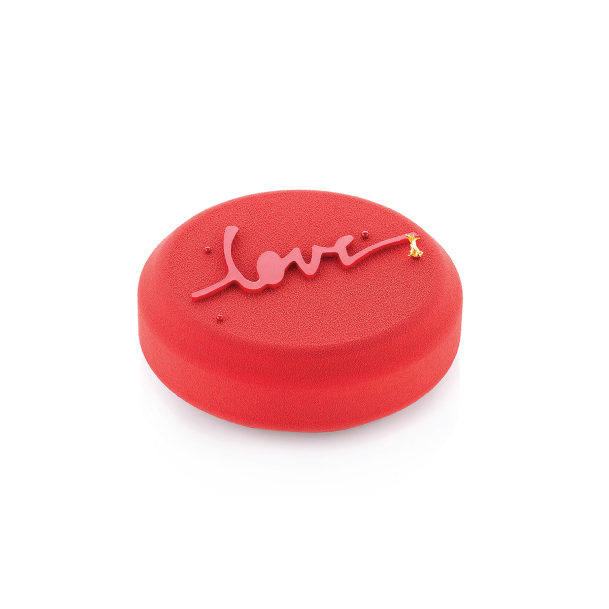 Entremets rond rouge décoré avec motif « Love »