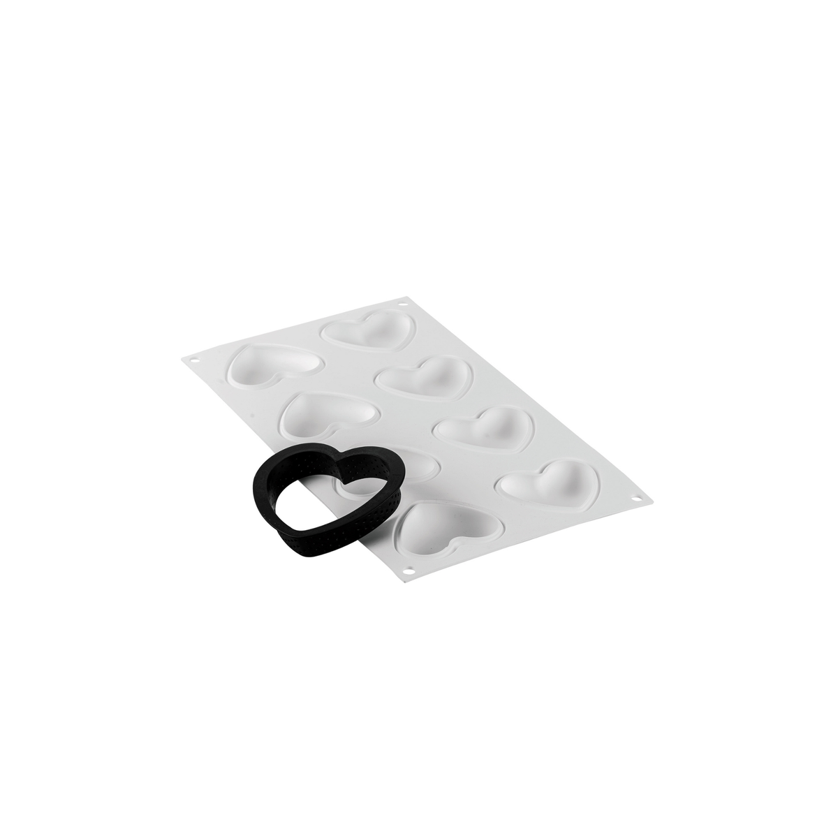 Moule en silicone Silikomart avec empreintes en forme de cœur et cercle à tarte perforé cœur