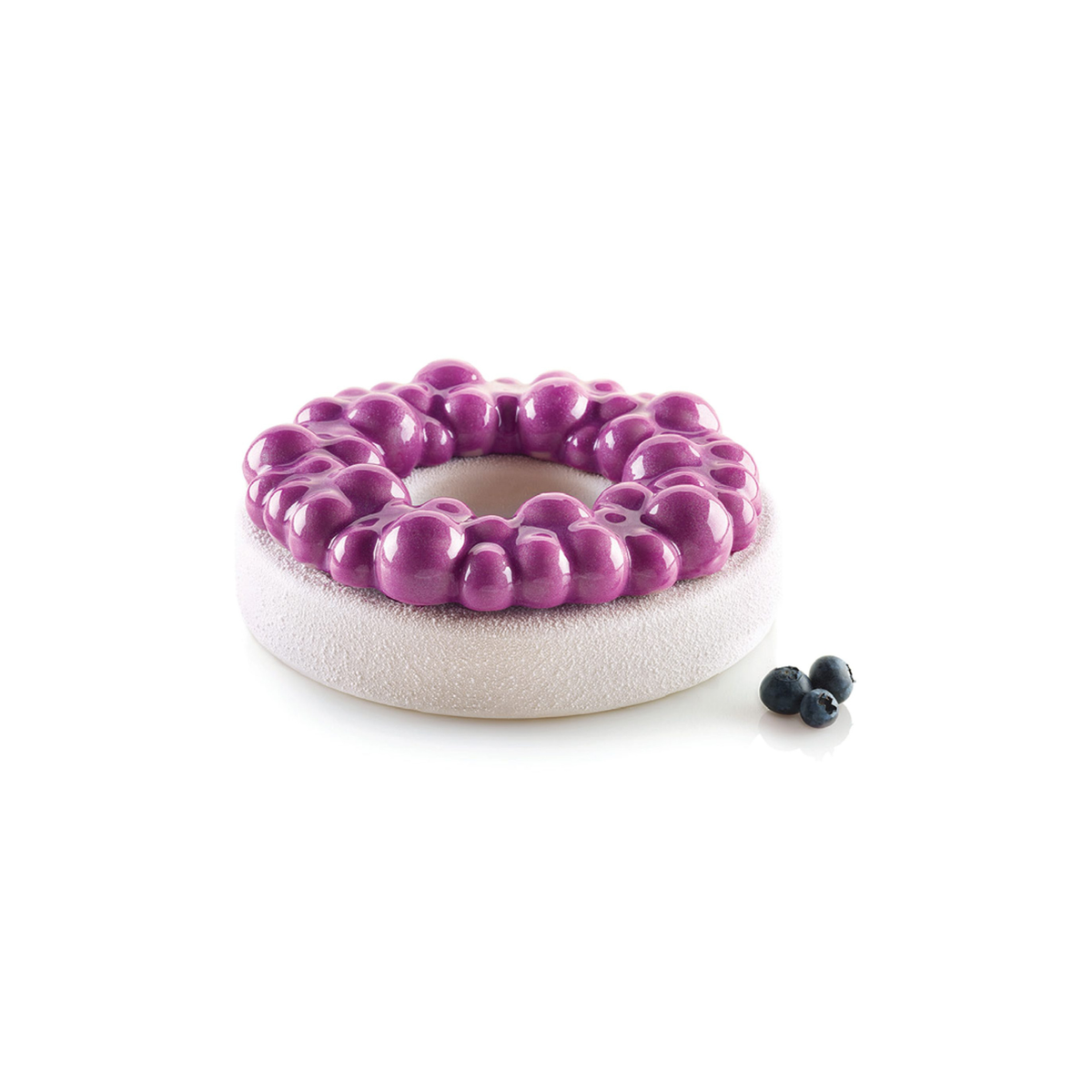 Exemple de réalisation – entremets en forme d’anneau décoré de bulles avec glaçage violet