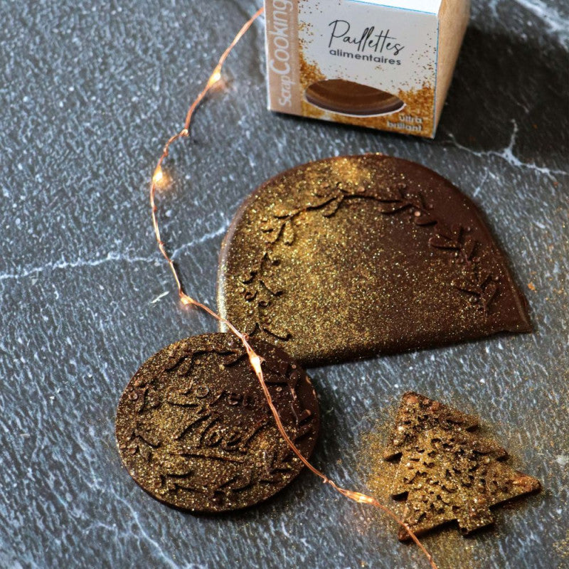 Décorations en chocolat sublimées avec des paillettes alimentaires dorées ScrapCooking