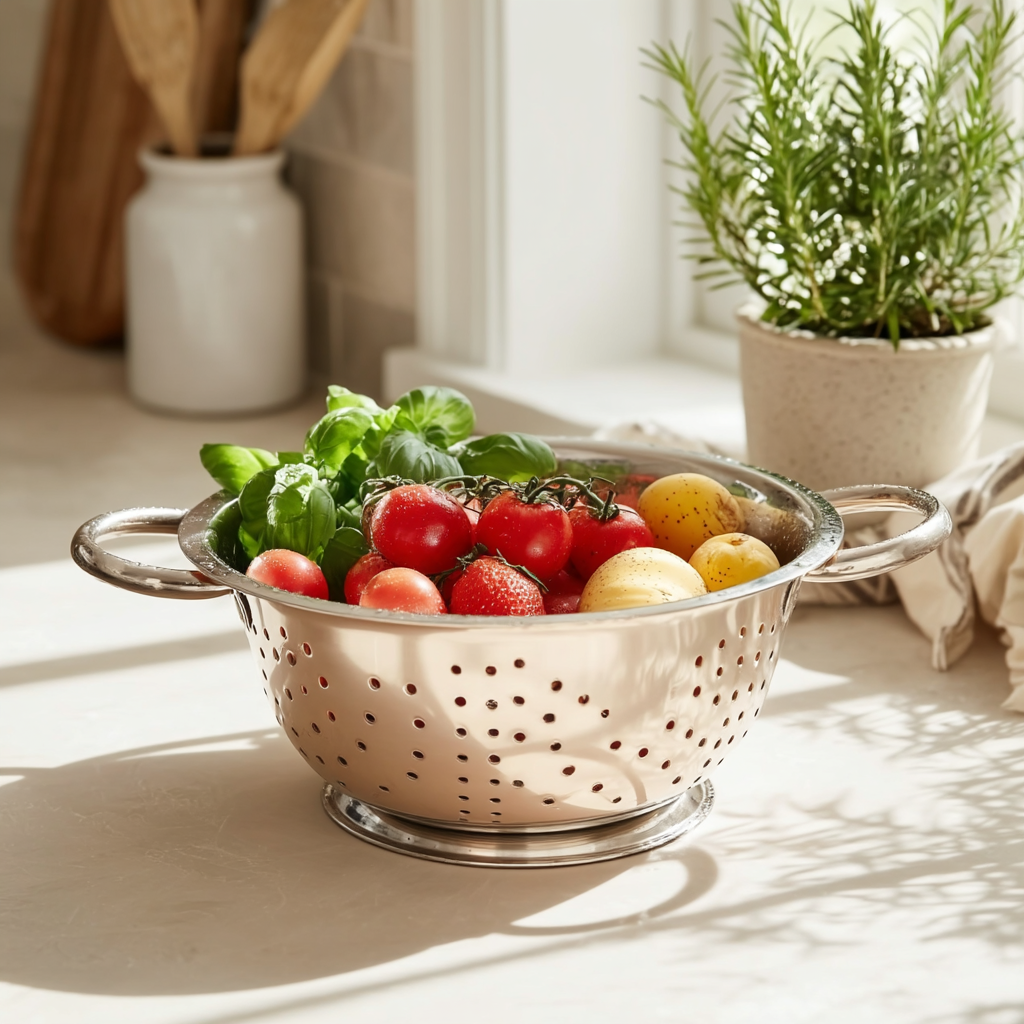 Passoire en inox avec légumes frais et herbes aromatiques