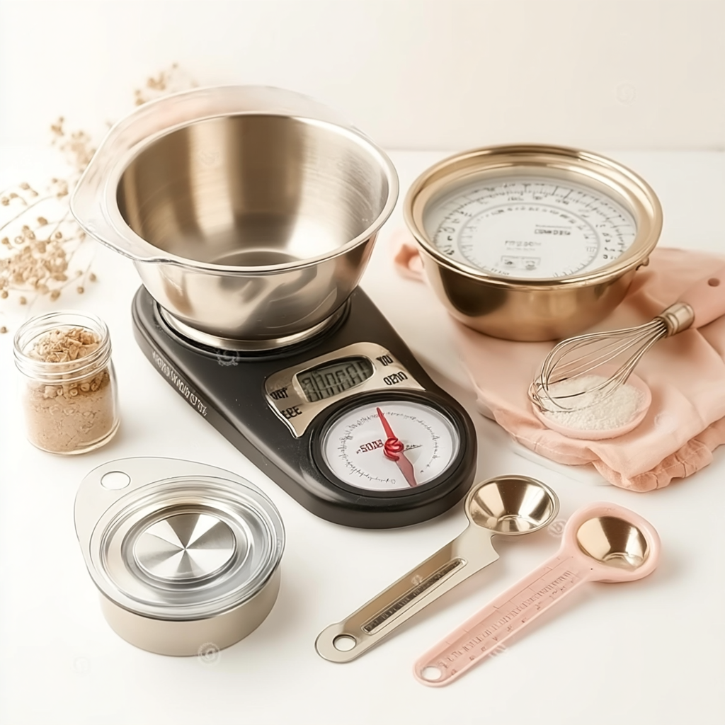 Balances de cuisine avec bols et cuillères doseuses
