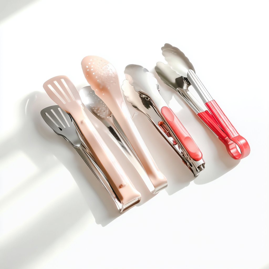 Pinces de cuisine et spatules ajourées en inox avec manches colorés