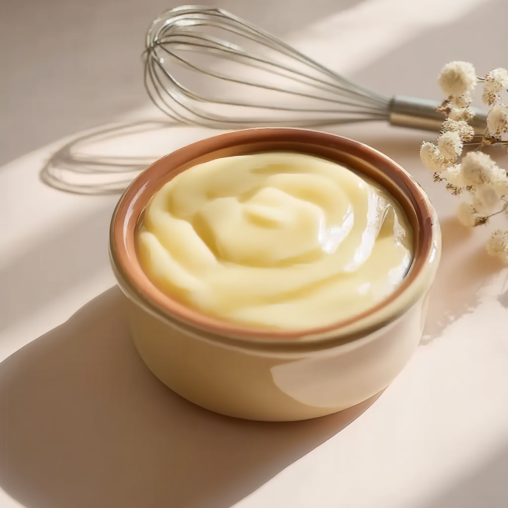 Crème pâtissière onctueuse dans un bol avec fouet de cuisine