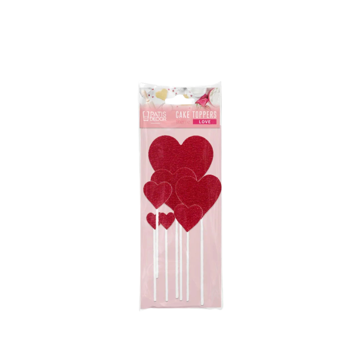 Emballage des 7 cake toppers cœurs rouges brillants Patisdécor