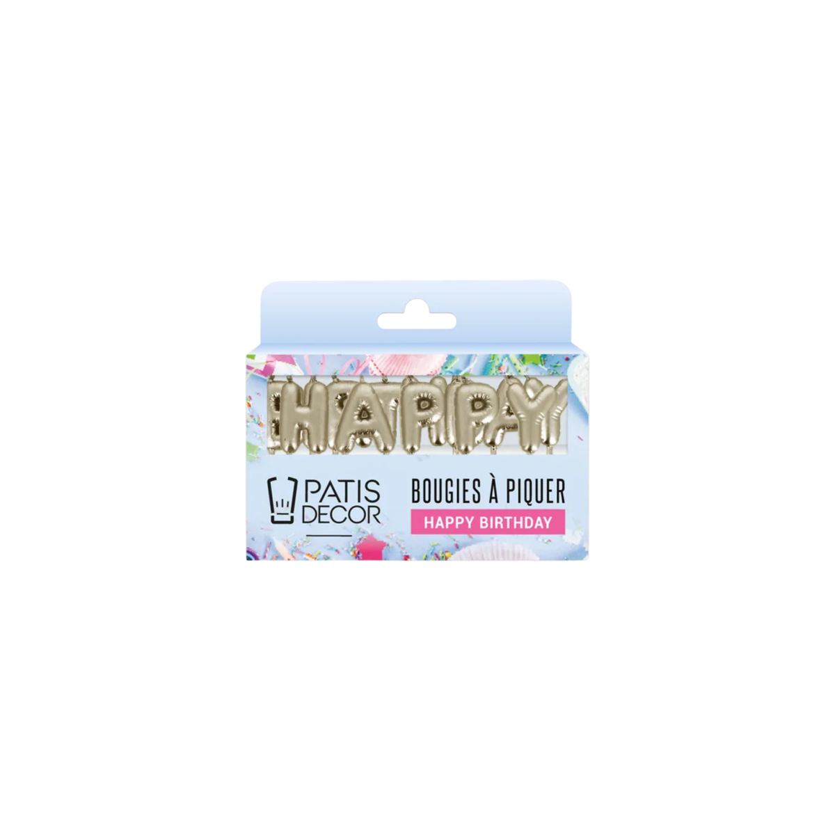 Emballage des bougies à piquer « Happy Birthday » dorées Patisdecor