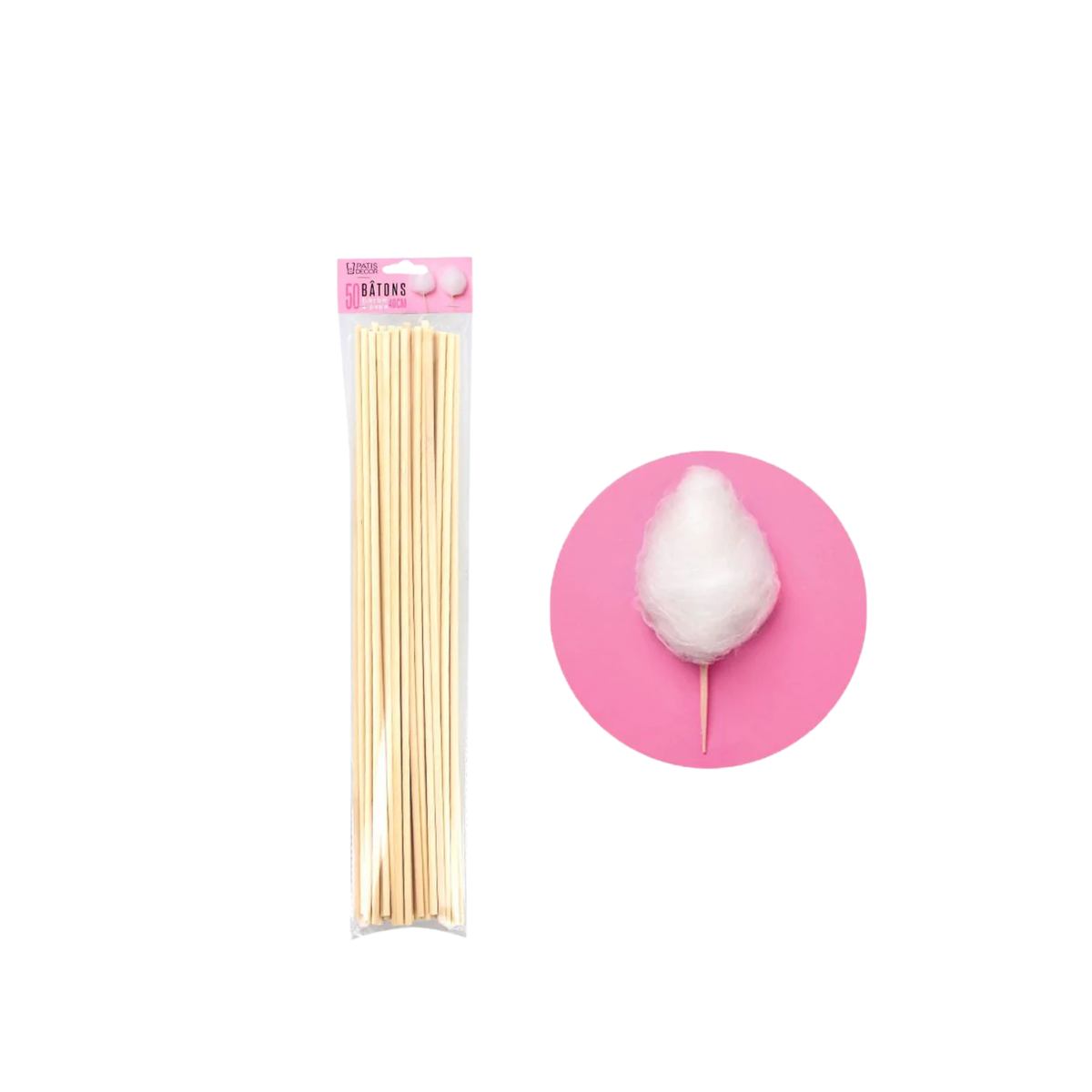 Bâtons en bois pour barbe à papa – lot de 50 avec exemple d’utilisation