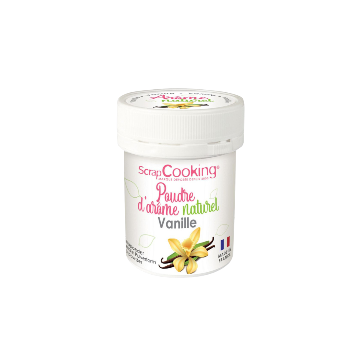 Pot blanc avec couvercle blanc et illustration de gousses de vanille

