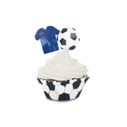 Cupcake décoré sur le thème du football avec caissette motif ballon et toppers maillot bleu et ballon
