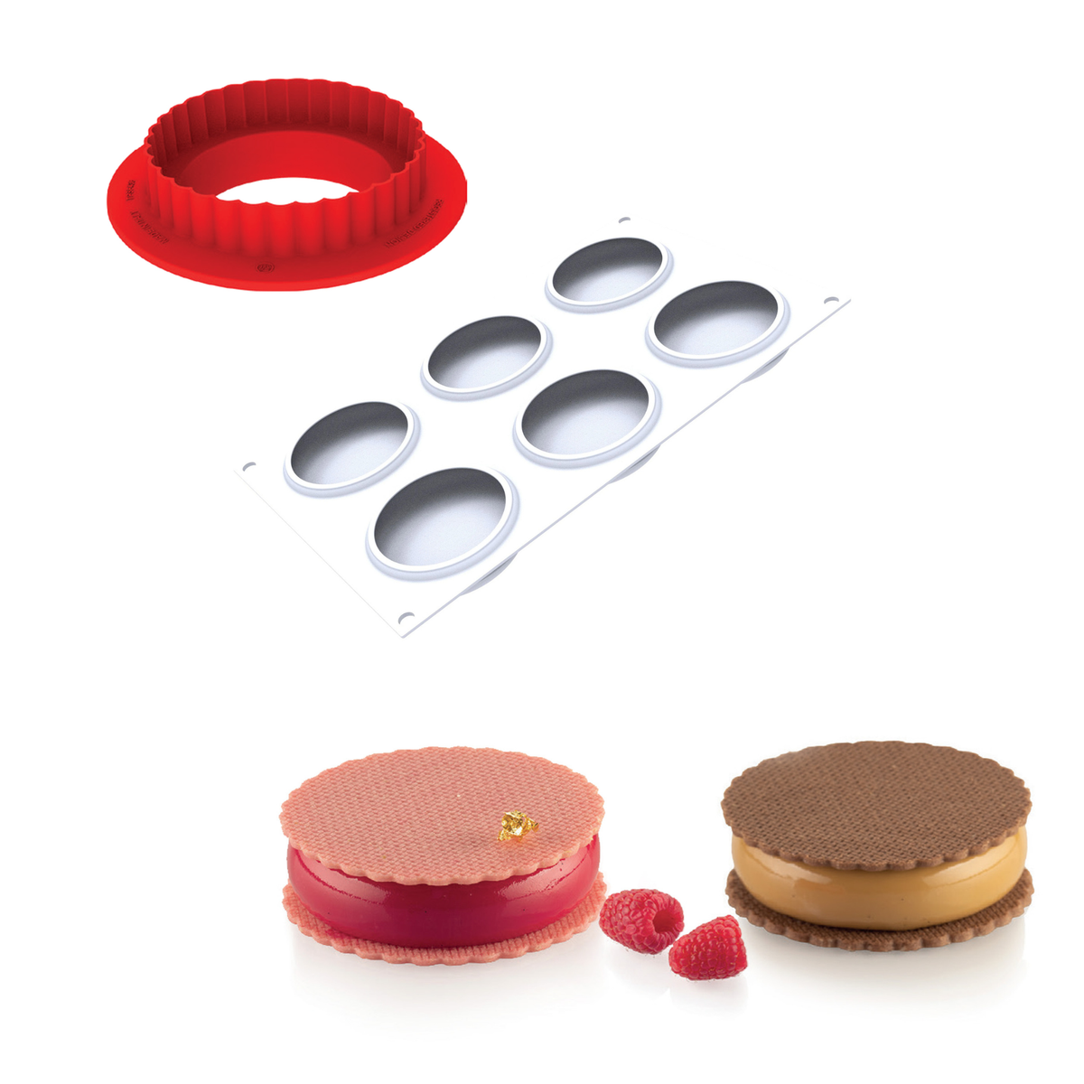 Kit moule en silicone 6 empreintes ovales avec découpoir rond et entremets individuels
