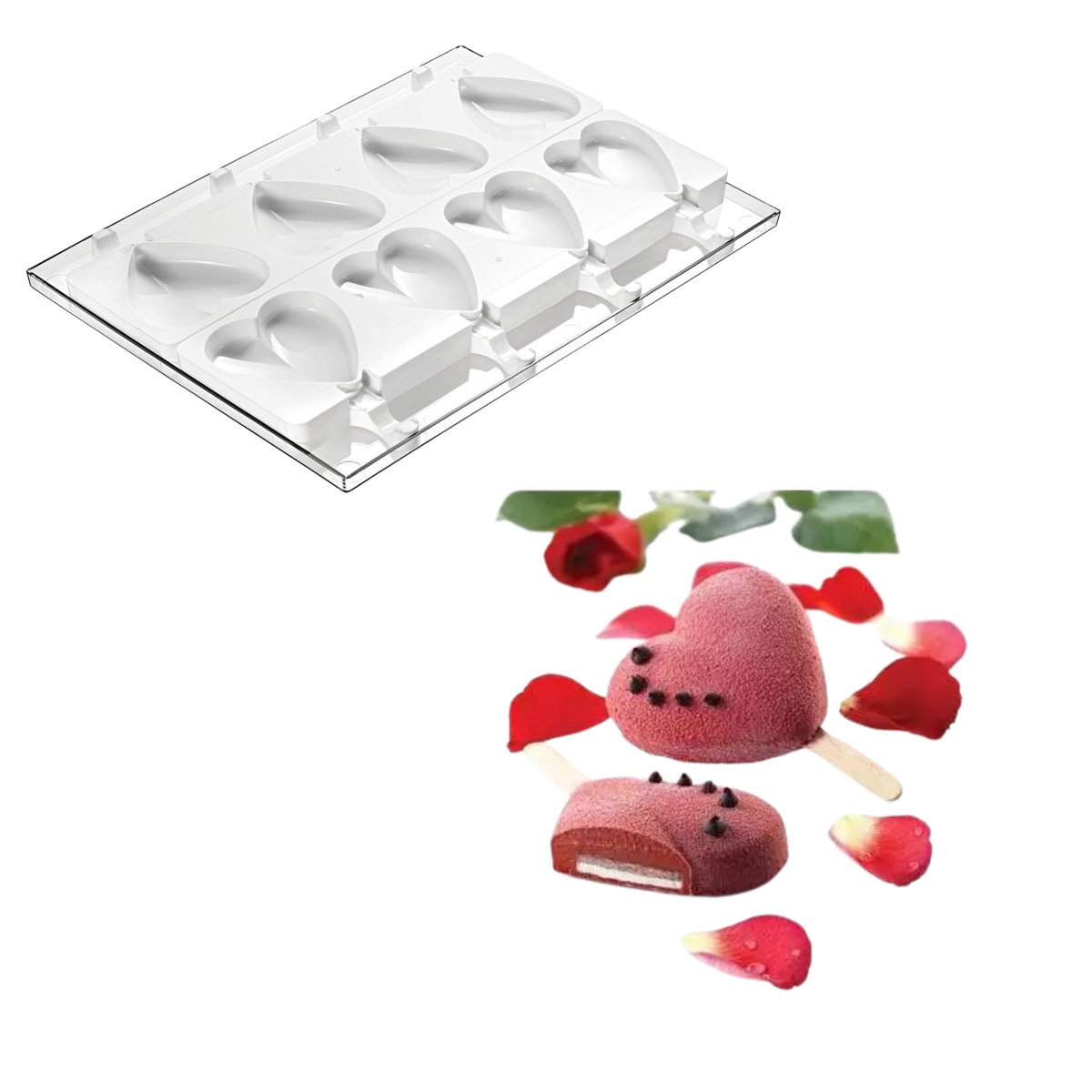 Moule à esquimaux cœur avec entremets rose sur bâtonnet
