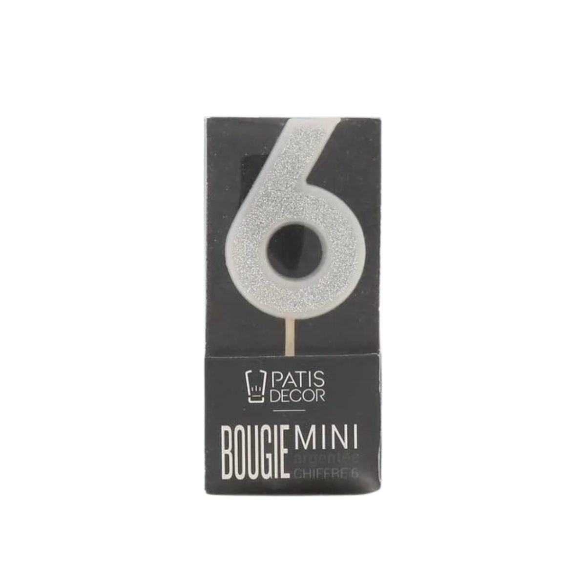 bougie chiffre 6 argentée pailletée Patisdecor à planter sur un gâteau d’anniversaire