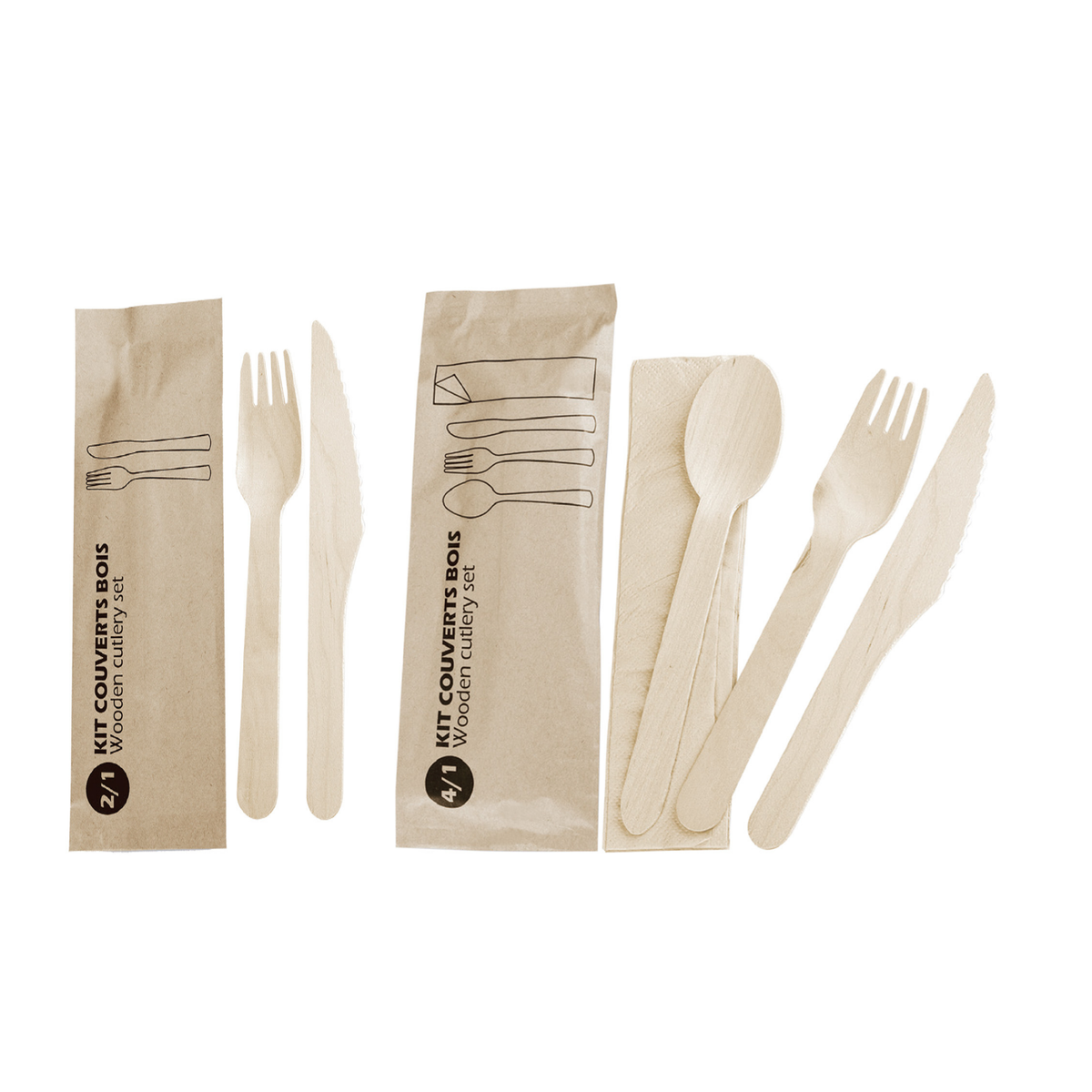 Kit de couverts en bois jetables avec serviette