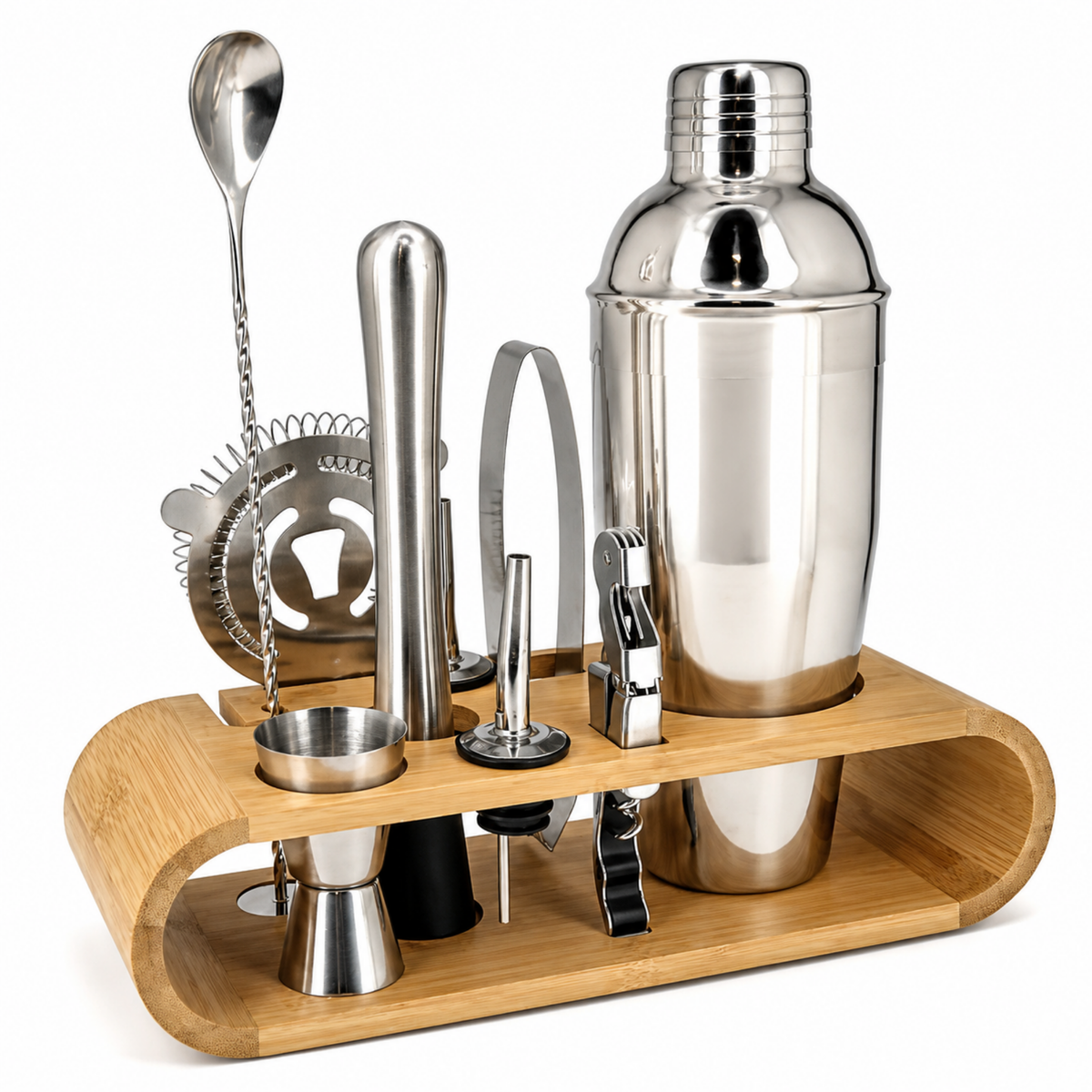 Kit cocktail 9 ustensiles inox avec support en bois