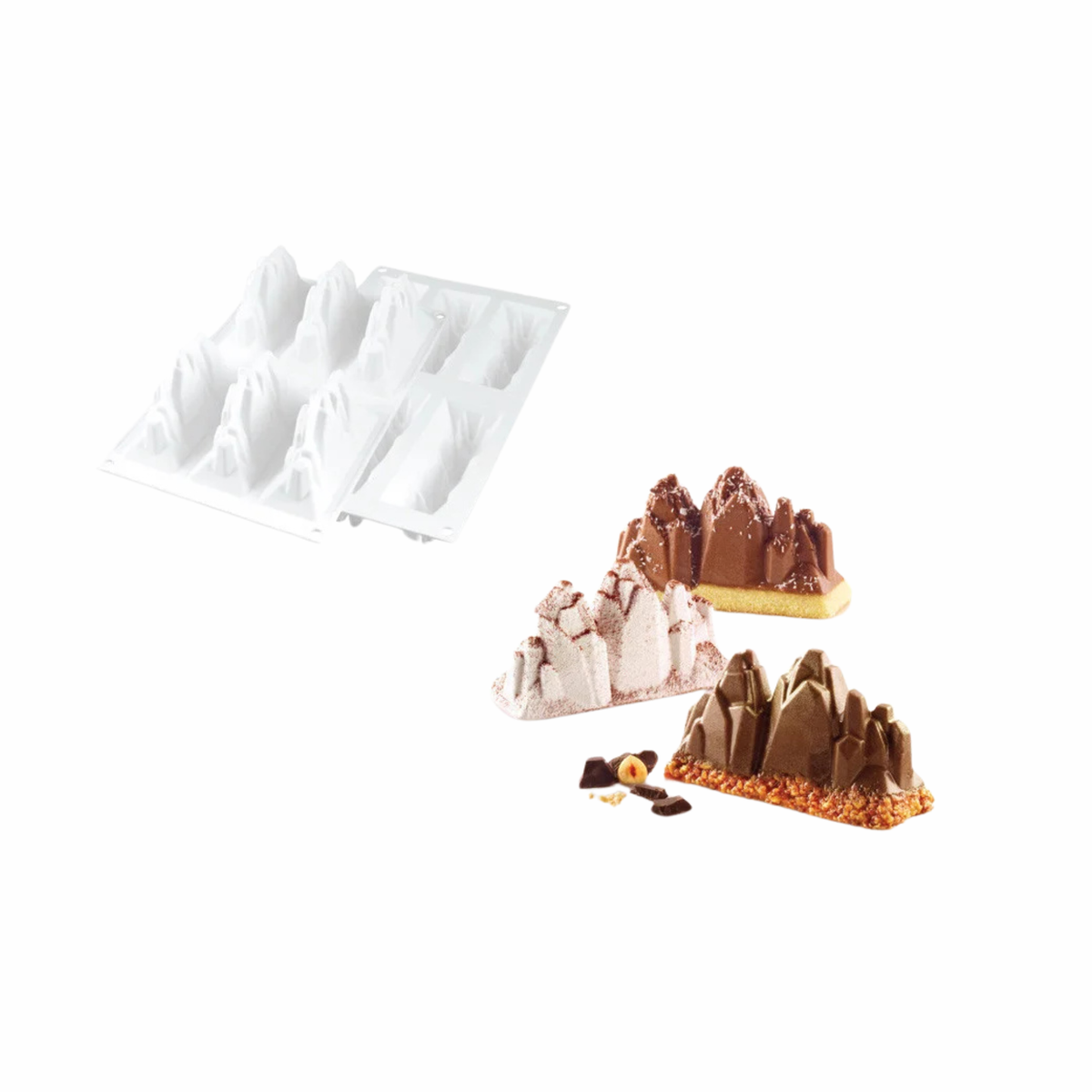 Deux moules en silicone blanc Silikomart avec 6 empreintes chacun, en forme de montagnes rocheuses aux sommets irréguliers, présentés de face et de dos sur fond blanc.