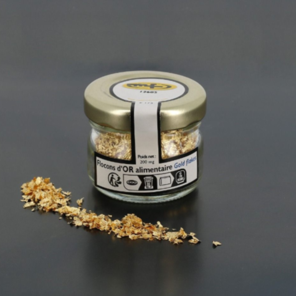 Flocons d’or alimentaire en pot pour décoration de pâtisseries, chocolats et desserts
