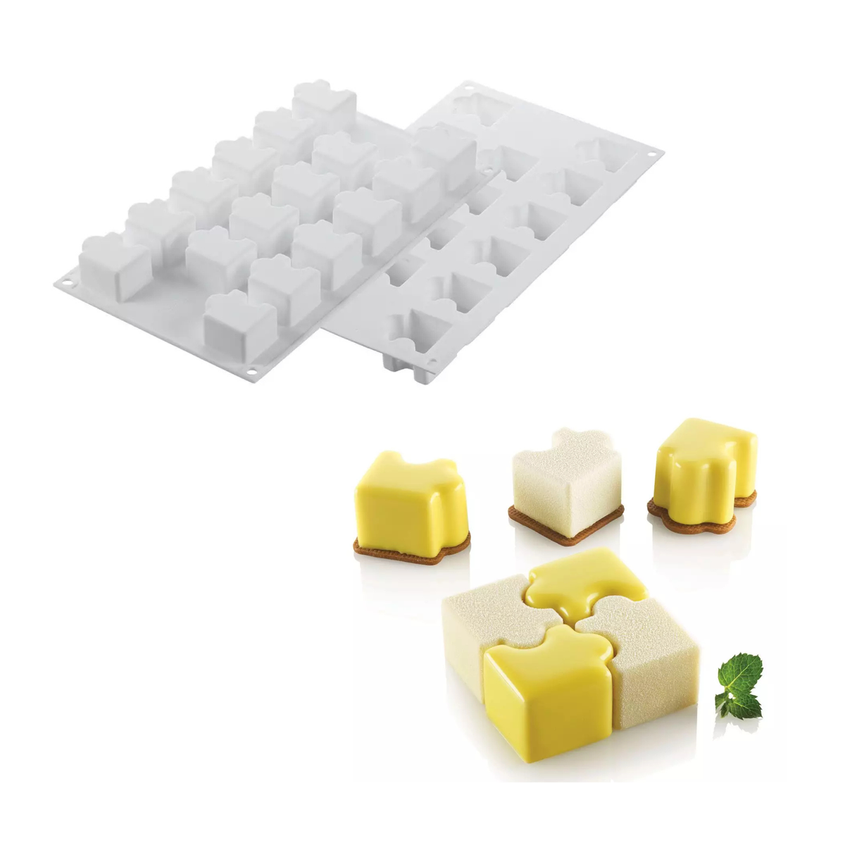 Moules silicone 15 empreintes puzzle avec créations pâtissières
