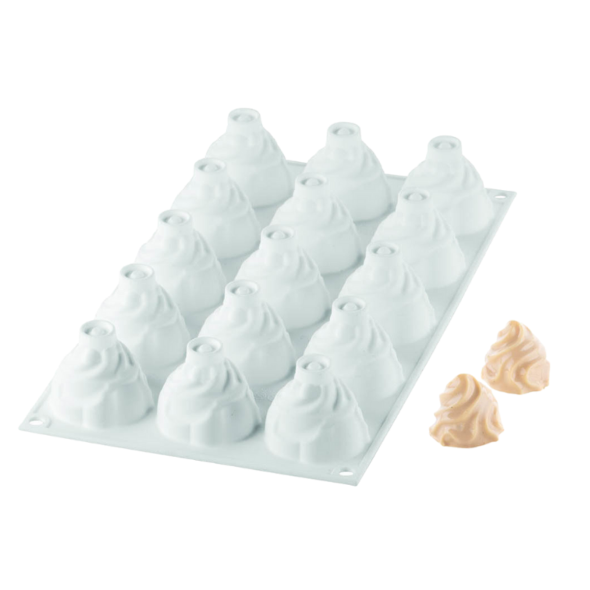 Moule en silicone 15 empreintes tourbillons vue extérieure avec entremets