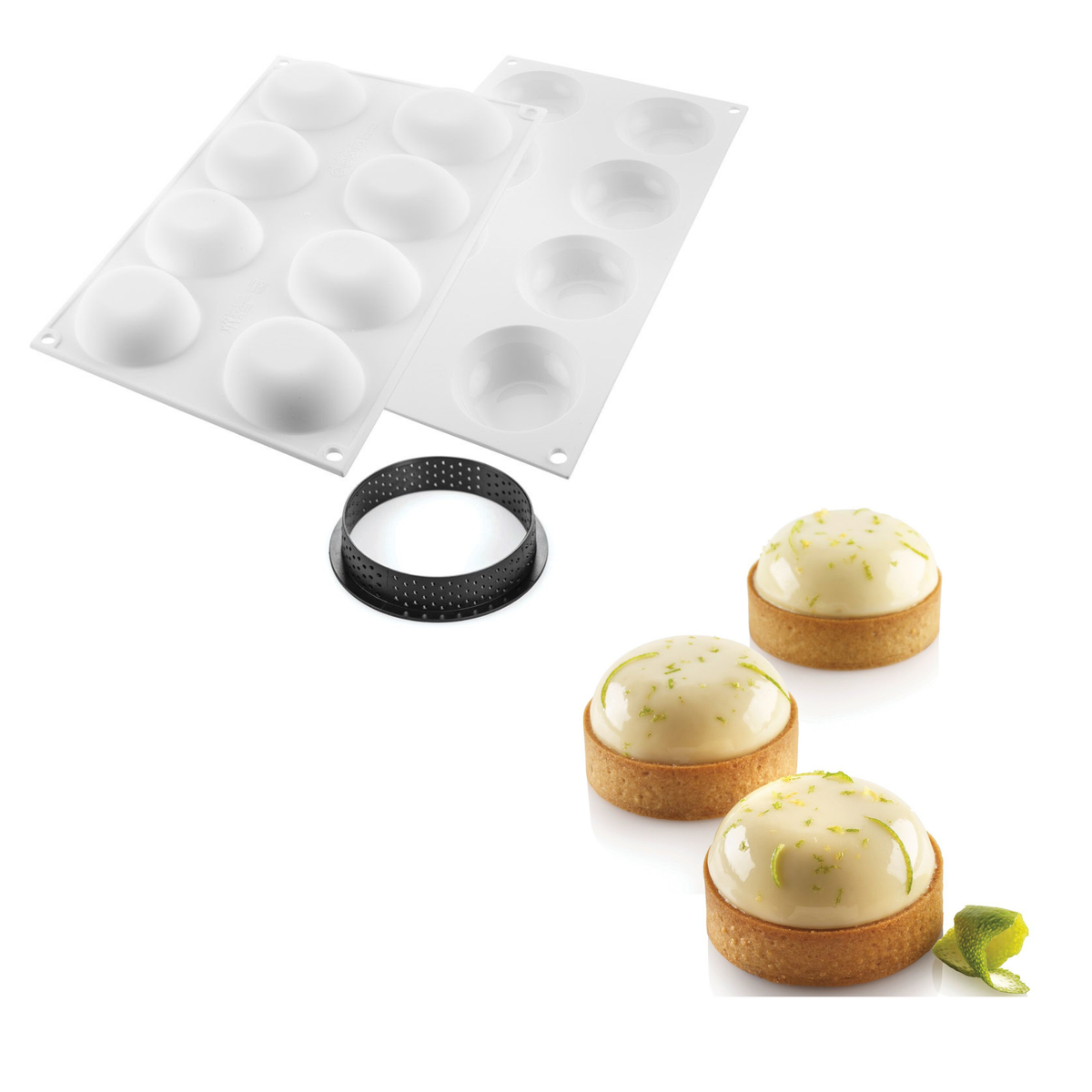 Kit tartelettes dômes avec moule silicone 8 empreintes et cercle perforé