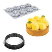 Kit moule en silicone 8 empreintes fleurs avec cercle à tarte perforé et entremets