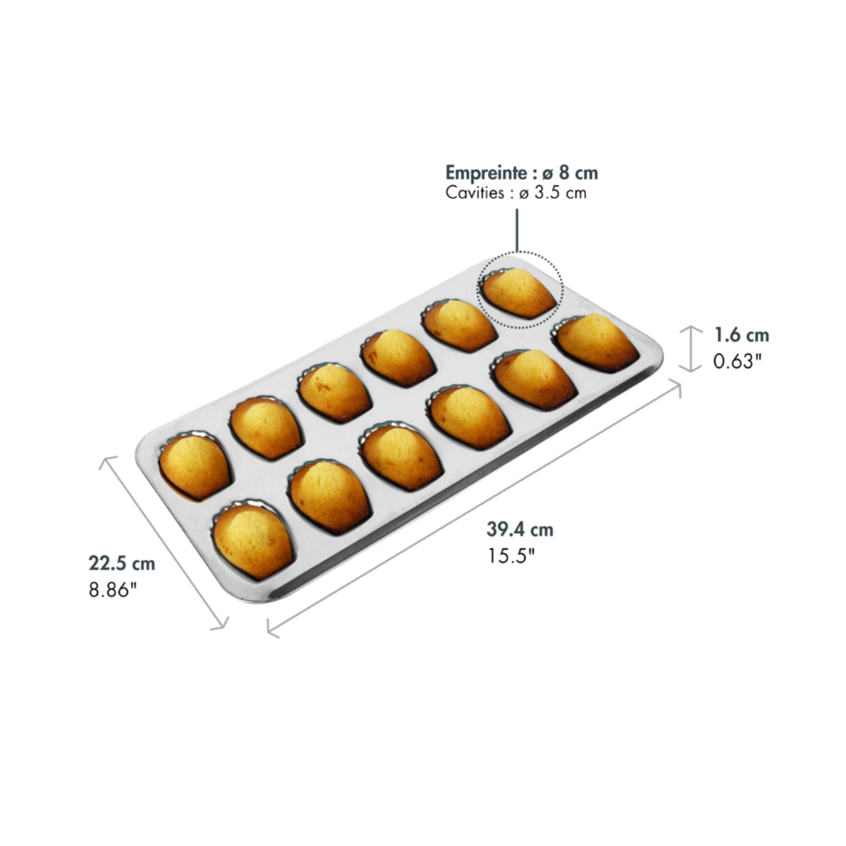 Moule à madeleines en métal à 12 empreintes avec dimensions