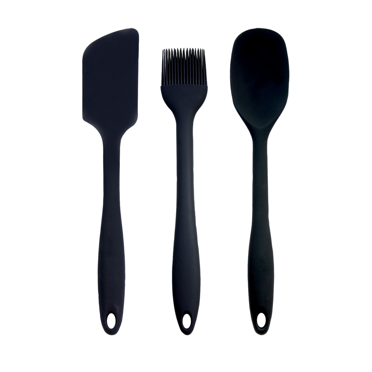 Lot de 3 ustensiles en silicone noir : spatule, pinceau et cuillère
