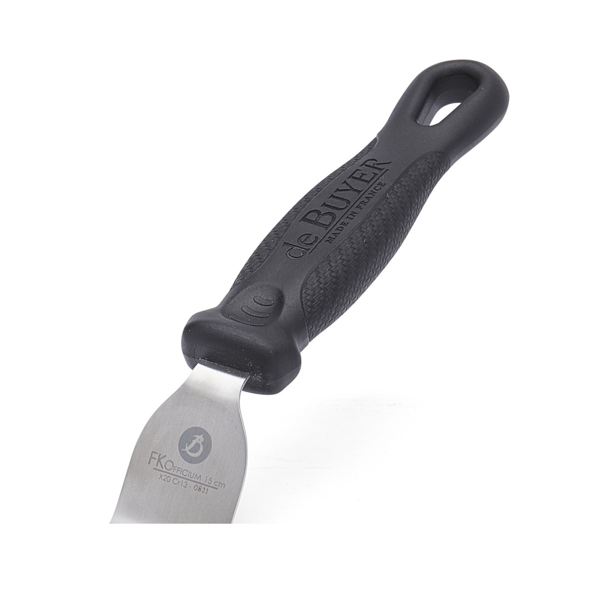 Détail du manche noir de la spatule coudée