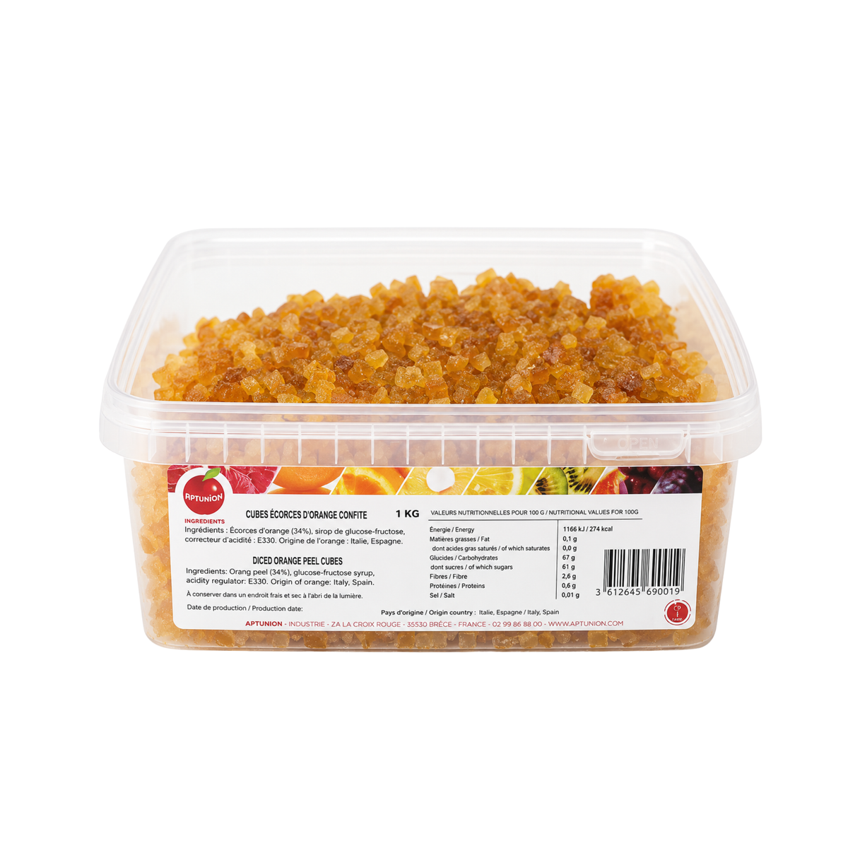 Cubes d’écorces d’orange confite Aptunion en boîte de 1 kg