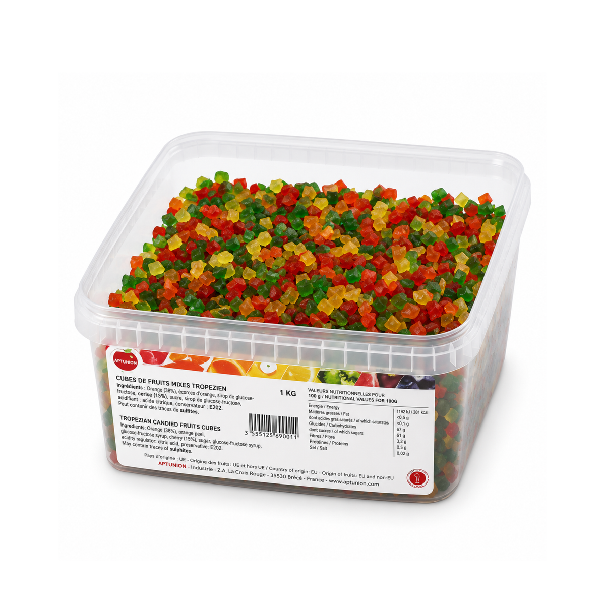 Cubes de fruits confits multicolores
